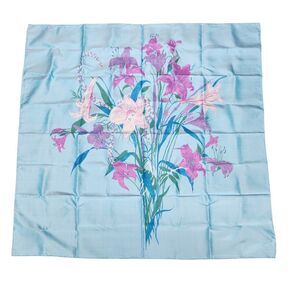Thai Silk Scarf Pink Purple Lillies On Blue 37 x 37 Inches Unknown Brand